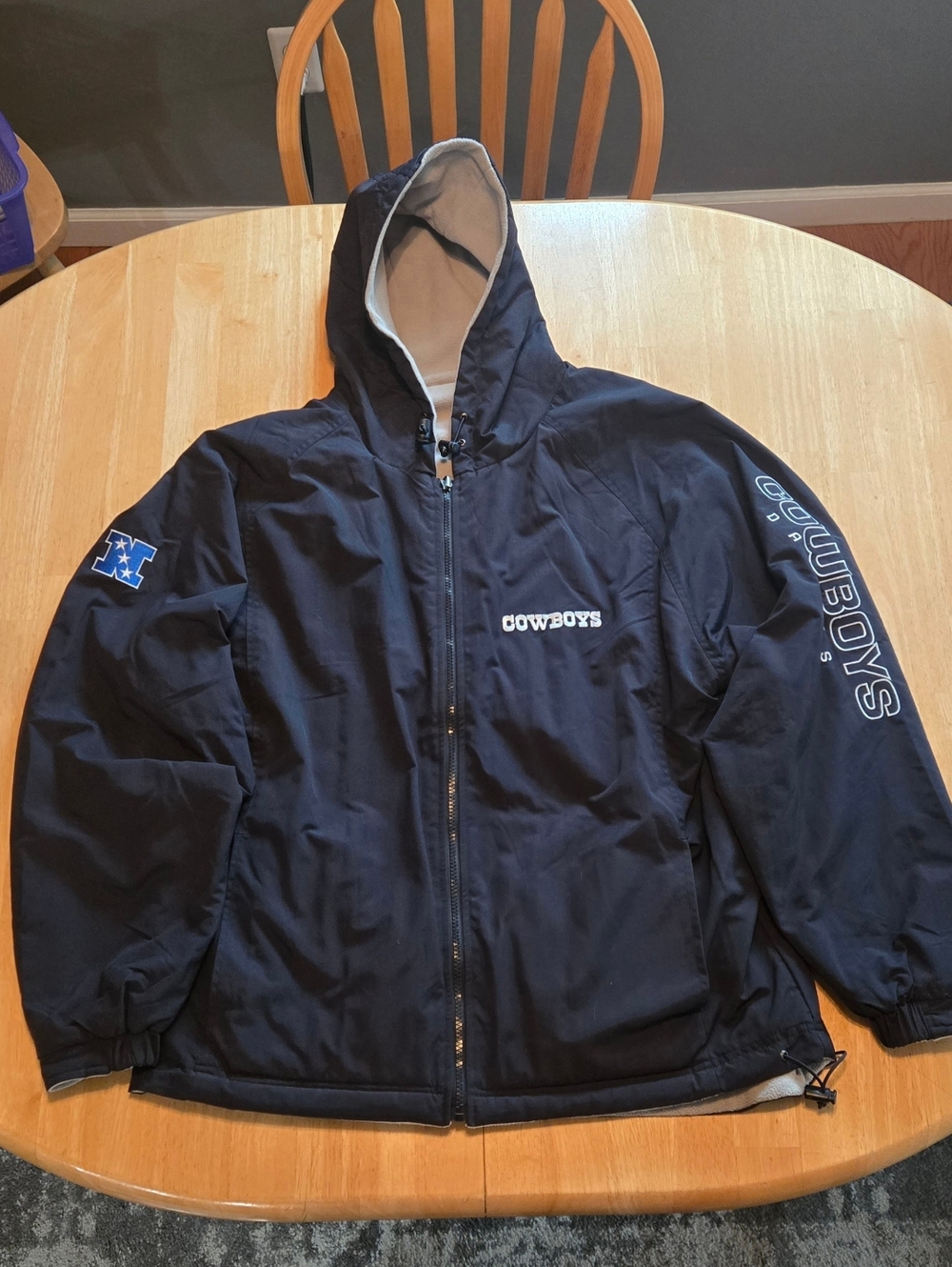 Dallas Cowboys Navy Blue Full Zip Lined Reversible Hooded Jacket Size Large